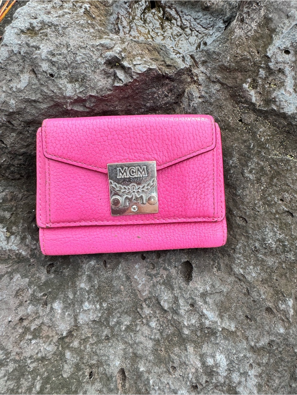MCM Hot Pink Pebbled Leather Trifold Wallet